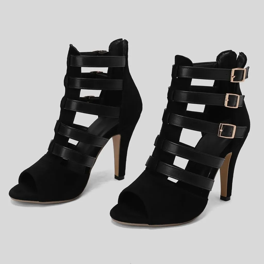 Buckle Ankle Strappy Gladiator Sandals For Women Peep Toe Stilettos High Heel Party Dressy Heeled Sandal