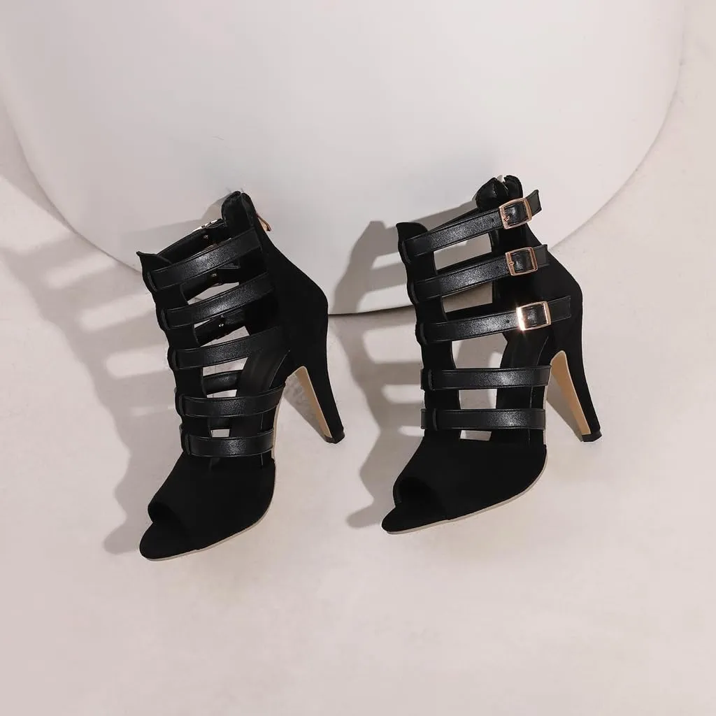 Buckle Ankle Strappy Gladiator Sandals For Women Peep Toe Stilettos High Heel Party Dressy Heeled Sandal