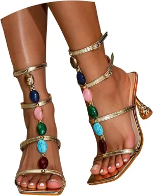 Hbeylia Beaded Heels Sandals for Women, Women's Square Open Toe T-Strap Stiletto Heeled Womens Strappy Sandals Casual Fashion Buckle Dress Sexy Comfortable Summer Shoes for Party Wedding Vacation