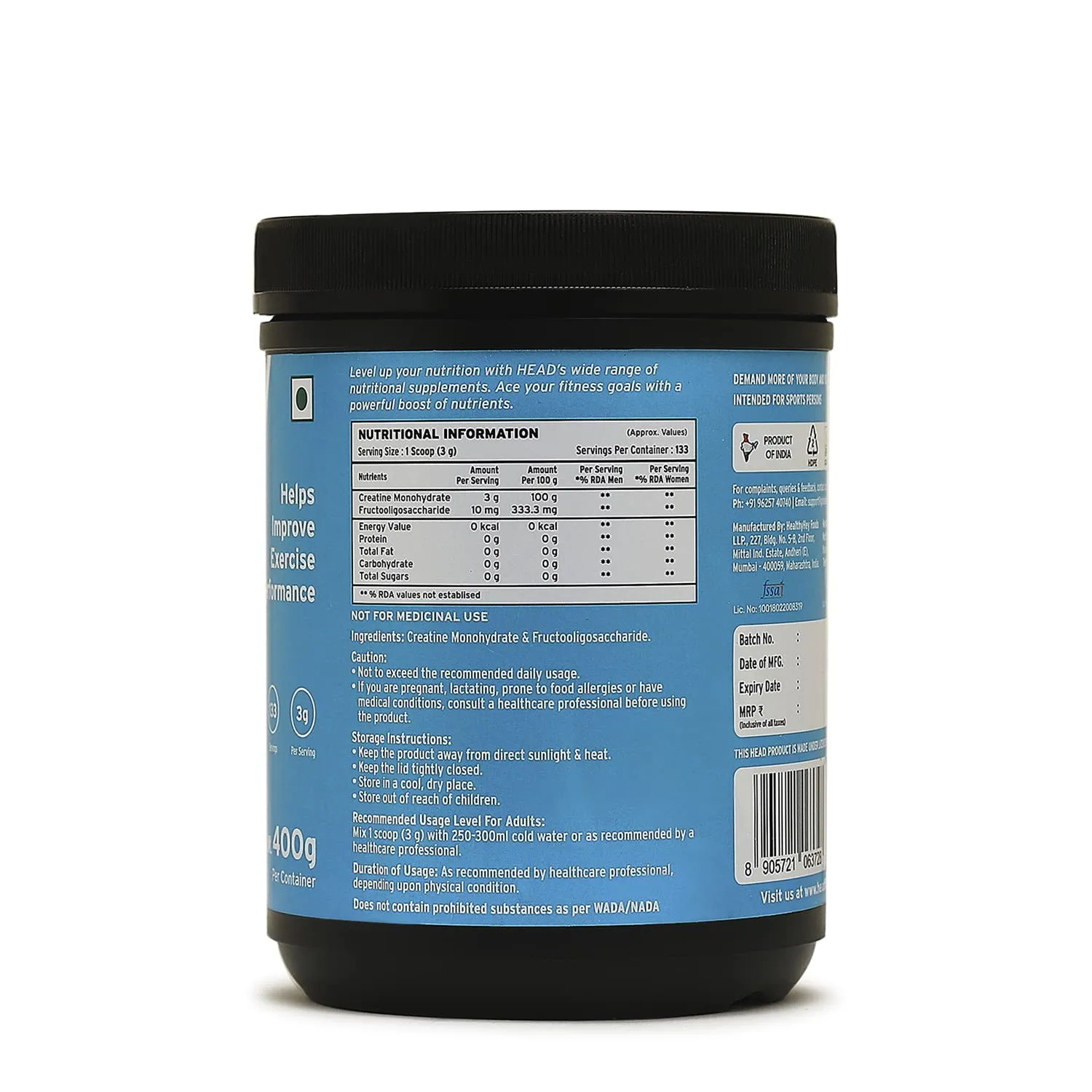 Head BCAA Powder for Adults 400g (67 Servings, Post/Intra Workout, Orange Flavor) - Muscle Recovery, Endurance & Athletic Performance Pro 2:1:1, L-Leucine, L-Valine, L-Isoleucine, Acidity Regulator, Preservative Free
