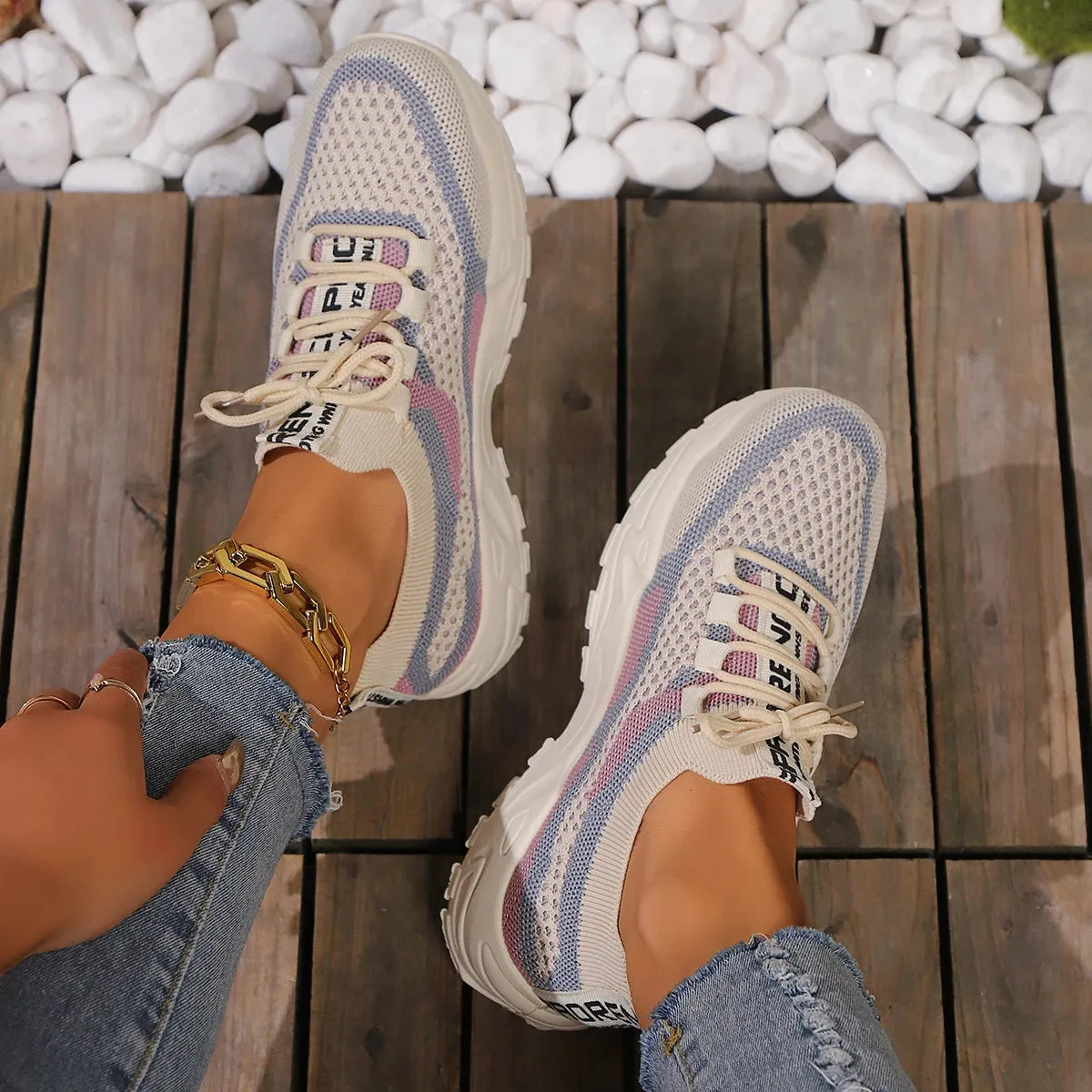Hnzxzm 2024 Womens Lightweight Knitting Shoes Breathable Soft Bottom Flats Anti-slip Shoes Lace Up Running Casual Mixed Color Sneaker