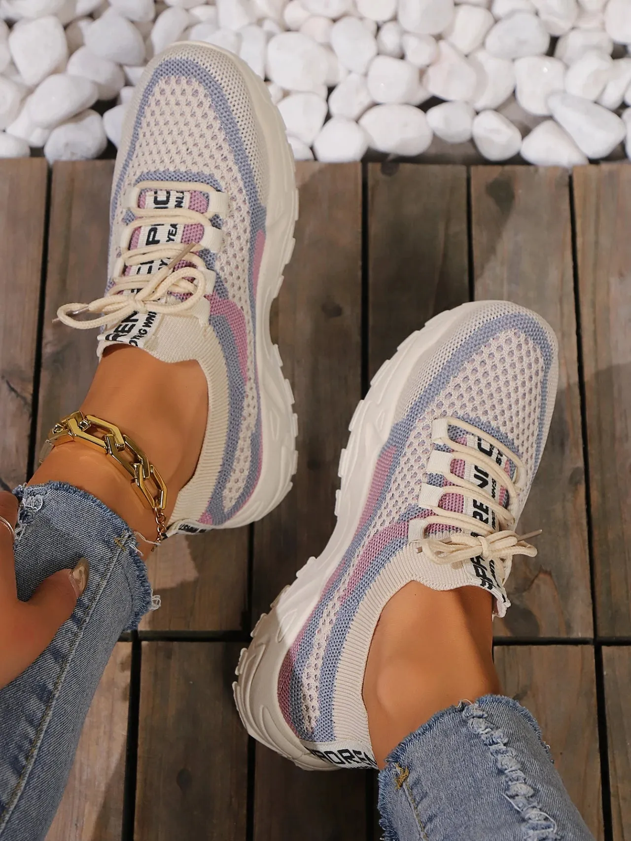 Hnzxzm 2024 Womens Lightweight Knitting Shoes Breathable Soft Bottom Flats Anti-slip Shoes Lace Up Running Casual Mixed Color Sneaker