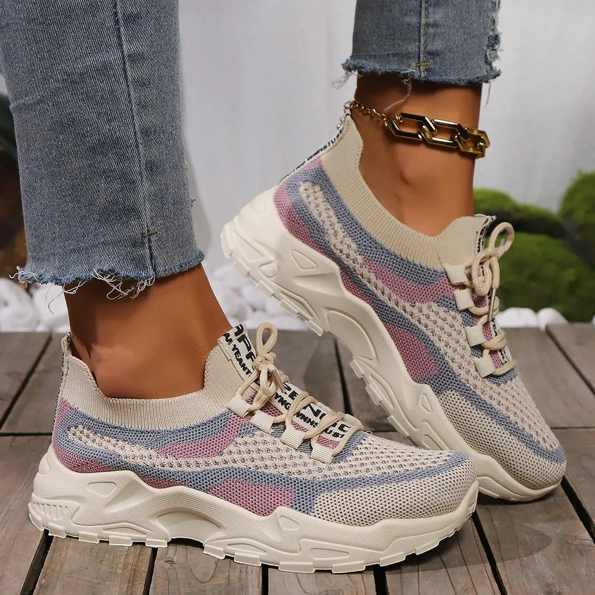 Hnzxzm 2024 Womens Lightweight Knitting Shoes Breathable Soft Bottom Flats Anti-slip Shoes Lace Up Running Casual Mixed Color Sneaker