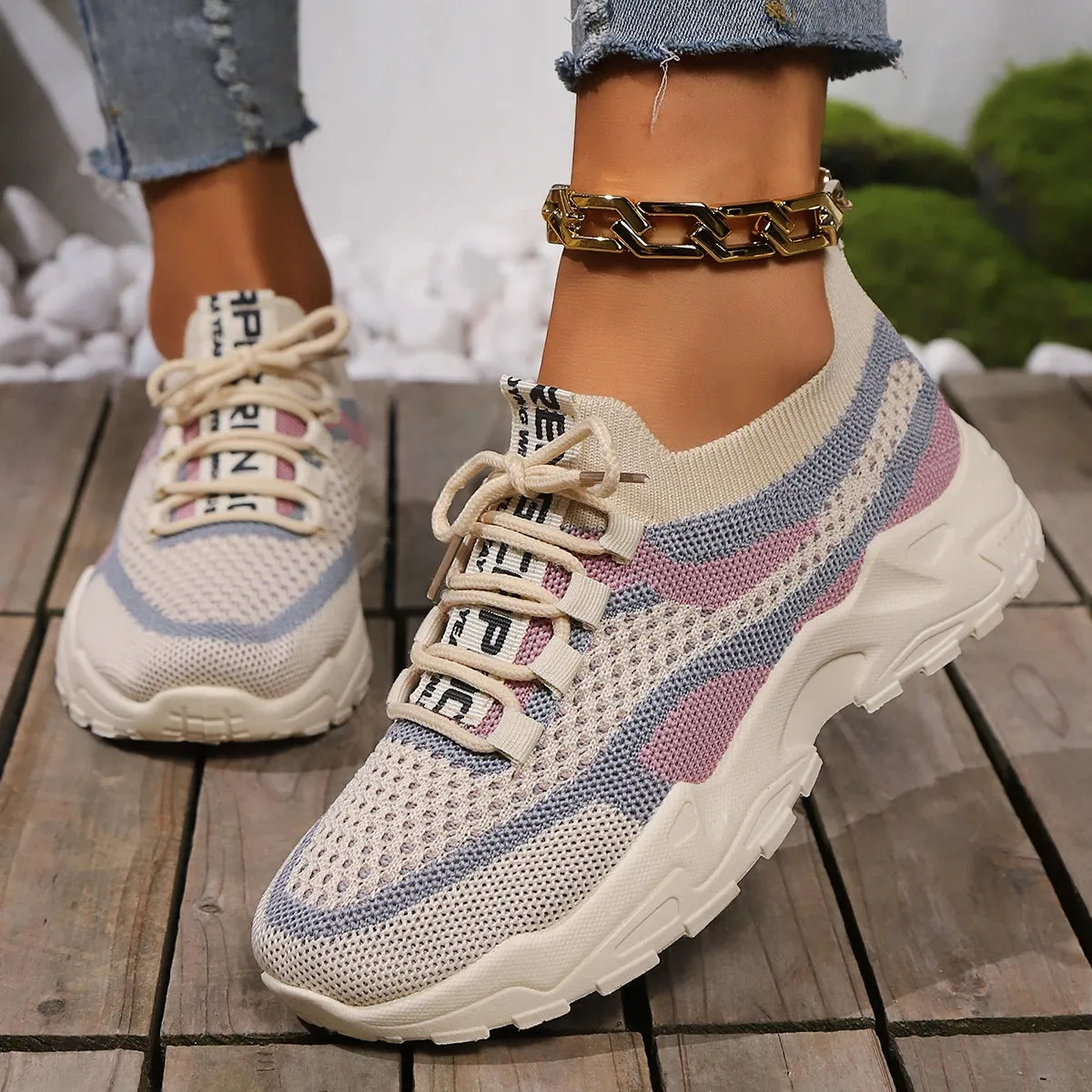 Hnzxzm 2024 Womens Lightweight Knitting Shoes Breathable Soft Bottom Flats Anti-slip Shoes Lace Up Running Casual Mixed Color Sneaker