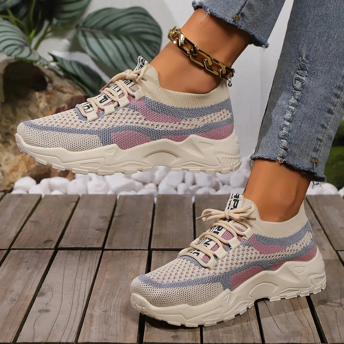 Hnzxzm 2024 Womens Lightweight Knitting Shoes Breathable Soft Bottom Flats Anti-slip Shoes Lace Up Running Casual Mixed Color Sneaker