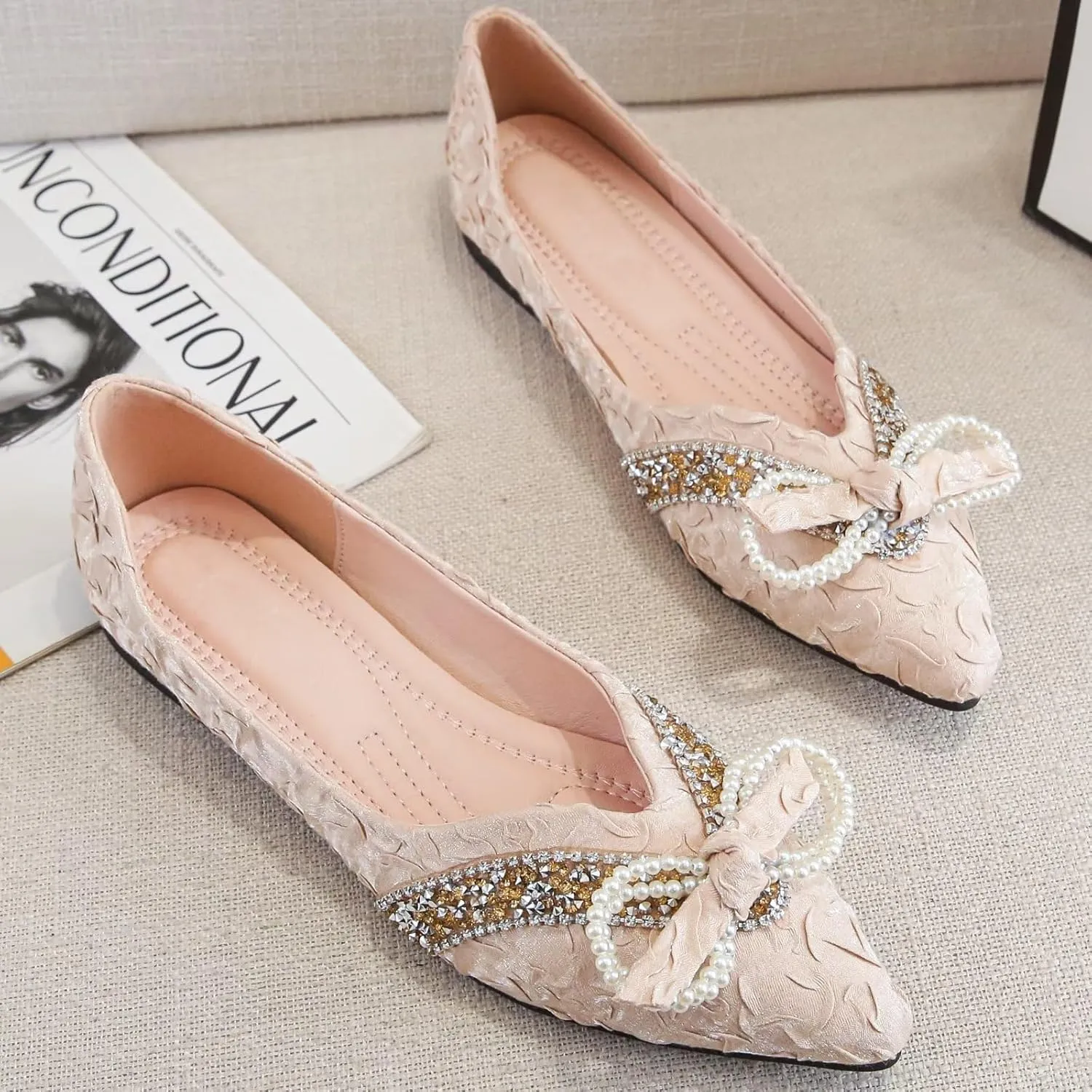 INEELUYI Women's Simple Elegant Style Pointy Toe Bow Dress Ballet Flats Comfortable Anti-Slip Walking Loafers