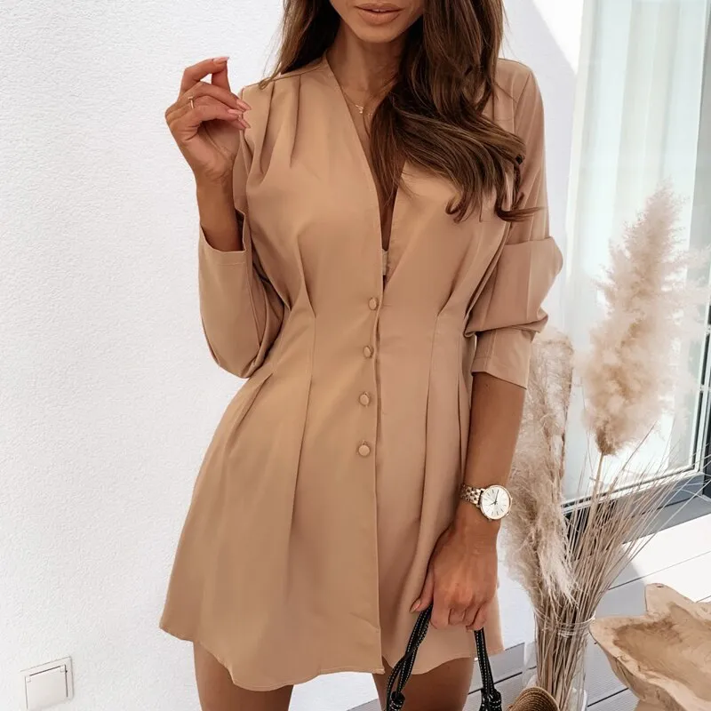 Joskaa hoco dresses Fashion Autumn V Neck Button Office Shirt Dress Women Elegant Pleated Long Sleeve Party Dress Solid Casual Slim Fit Mini Dresses