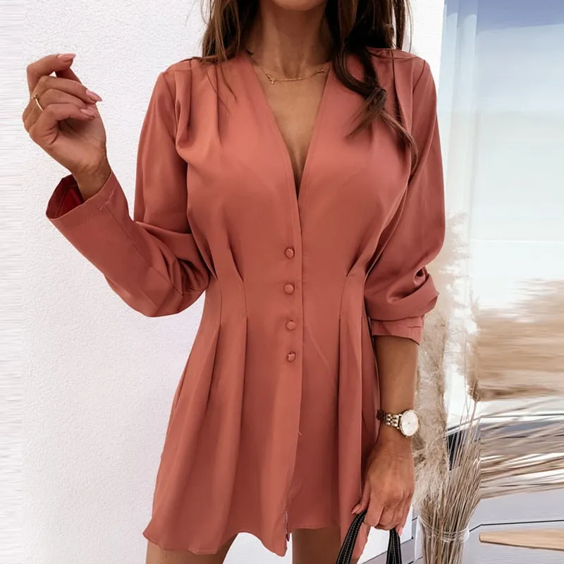 Joskaa hoco dresses Fashion Autumn V Neck Button Office Shirt Dress Women Elegant Pleated Long Sleeve Party Dress Solid Casual Slim Fit Mini Dresses