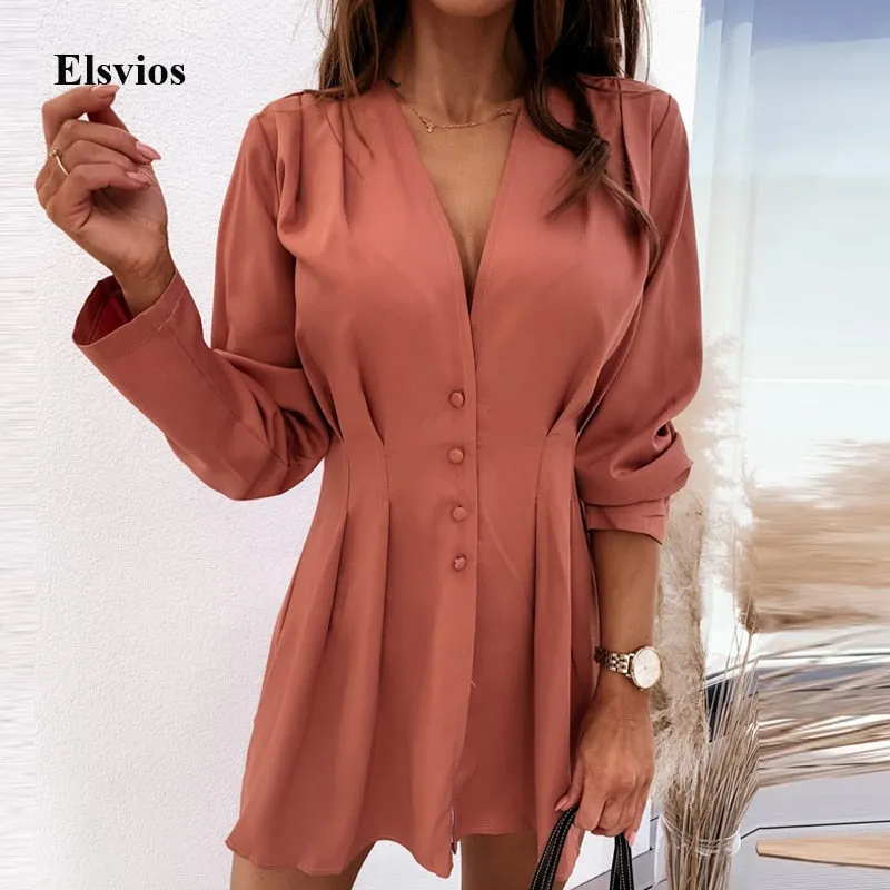 Joskaa hoco dresses Fashion Autumn V Neck Button Office Shirt Dress Women Elegant Pleated Long Sleeve Party Dress Solid Casual Slim Fit Mini Dresses
