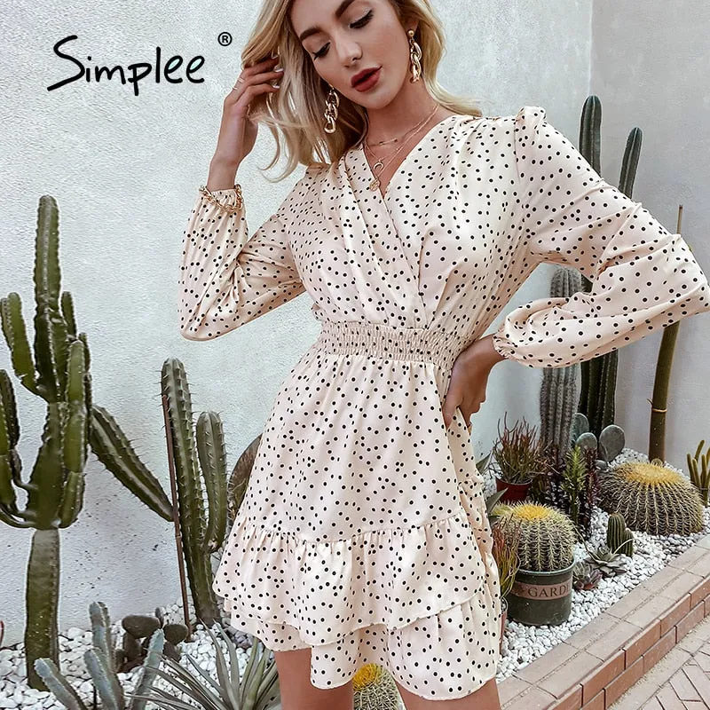 Joskaa hoco dresses Long Sleeve V-Neck Polka Dot Print Dress Elegant High Waist Summer Women Dress 2024 Elegant Ruffled Puff Sleeve Vestidos