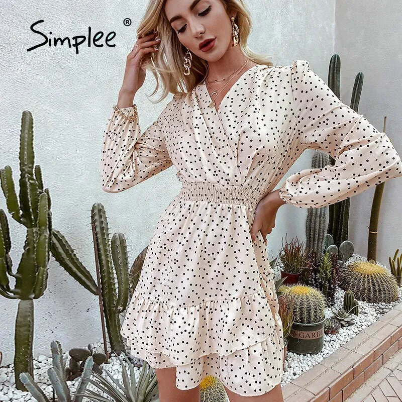 Joskaa hoco dresses Long Sleeve V-Neck Polka Dot Print Dress Elegant High Waist Summer Women Dress 2024 Elegant Ruffled Puff Sleeve Vestidos