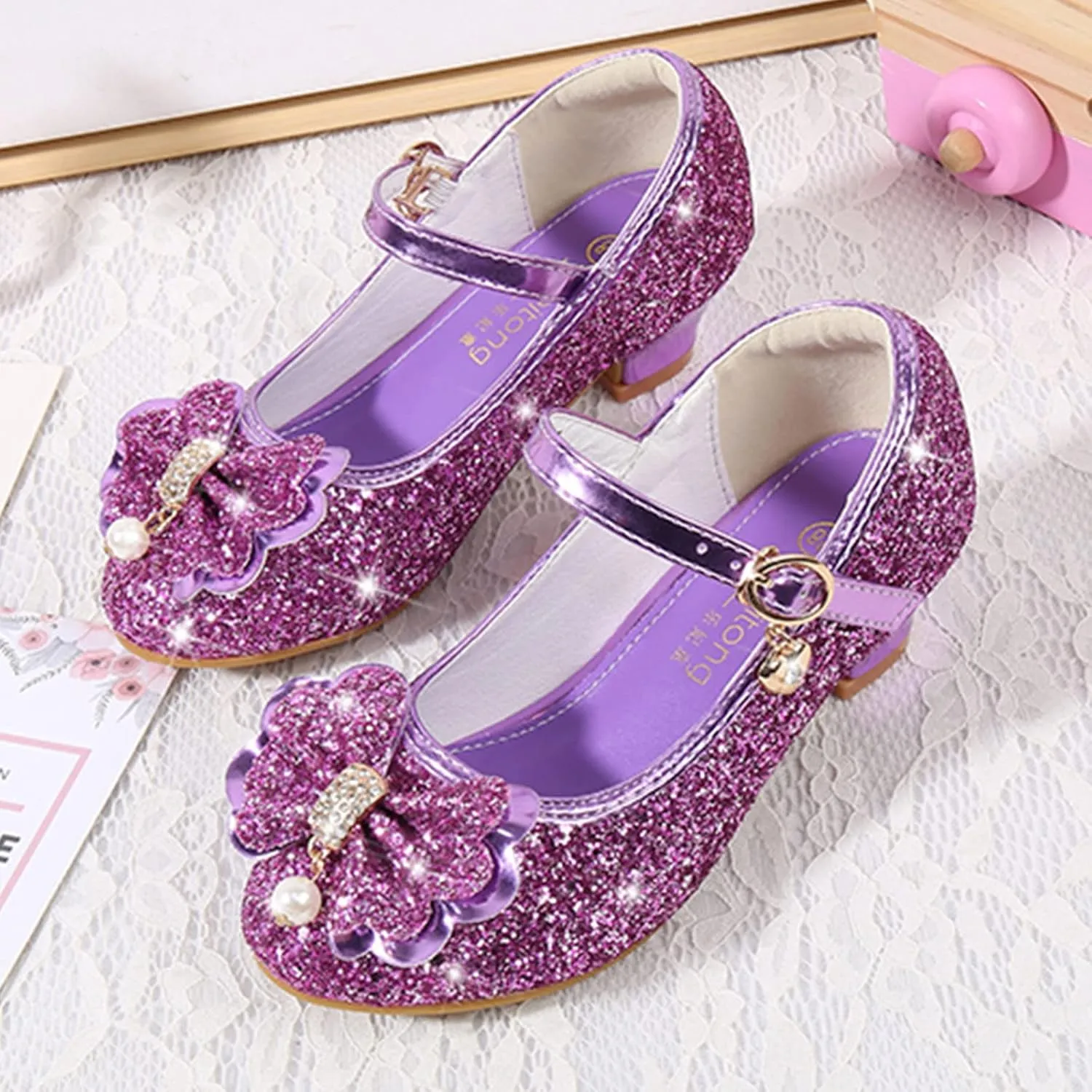 Little Girls Princess Glitter Bowknot Dress Shoes Kids Mary Jane Low Heels Par𝘁y Wedding Dazzling Elegant Shoes