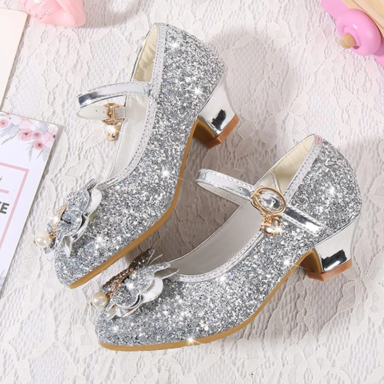 Little Girls Princess Glitter Bowknot Dress Shoes Kids Mary Jane Low Heels Par𝘁y Wedding Dazzling Elegant Shoes