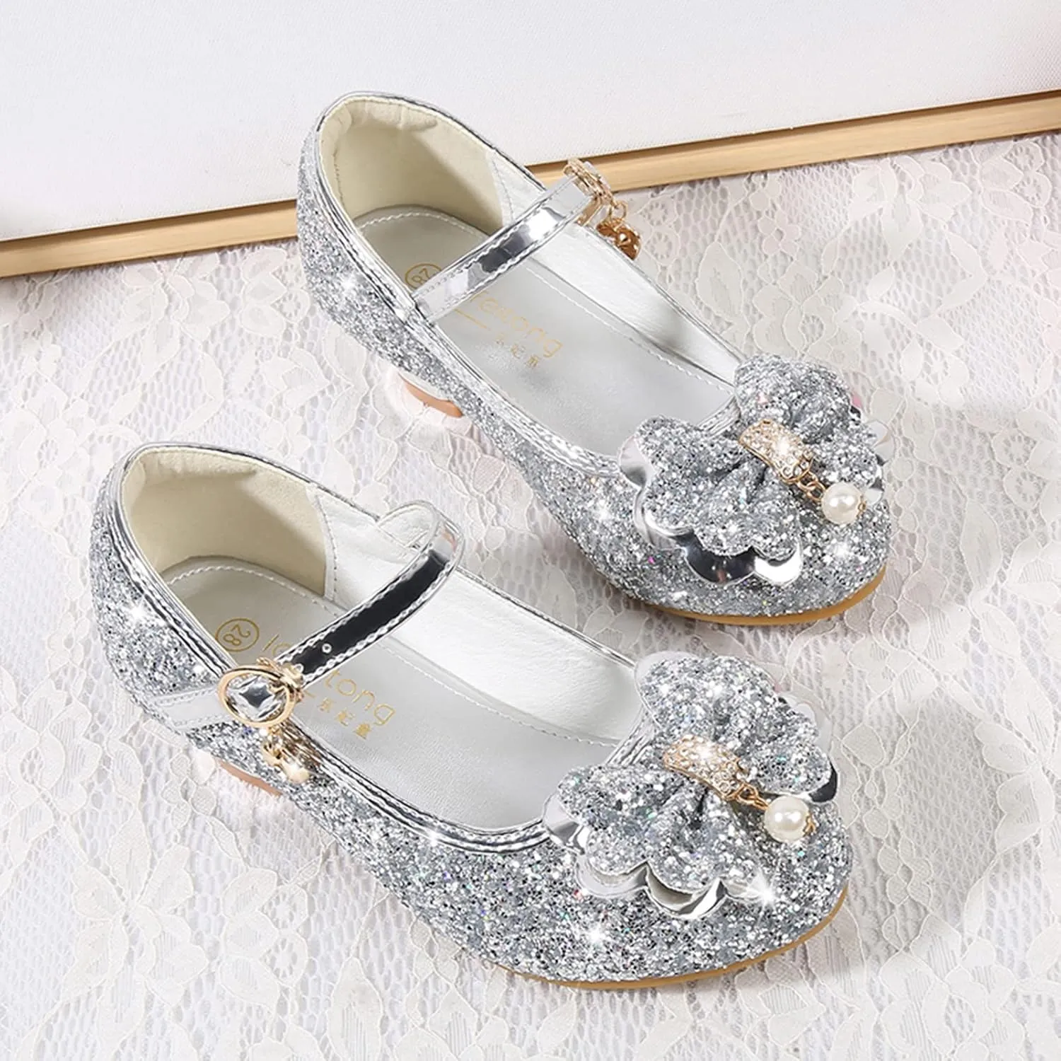 Little Girls Princess Glitter Bowknot Dress Shoes Kids Mary Jane Low Heels Par𝘁y Wedding Dazzling Elegant Shoes
