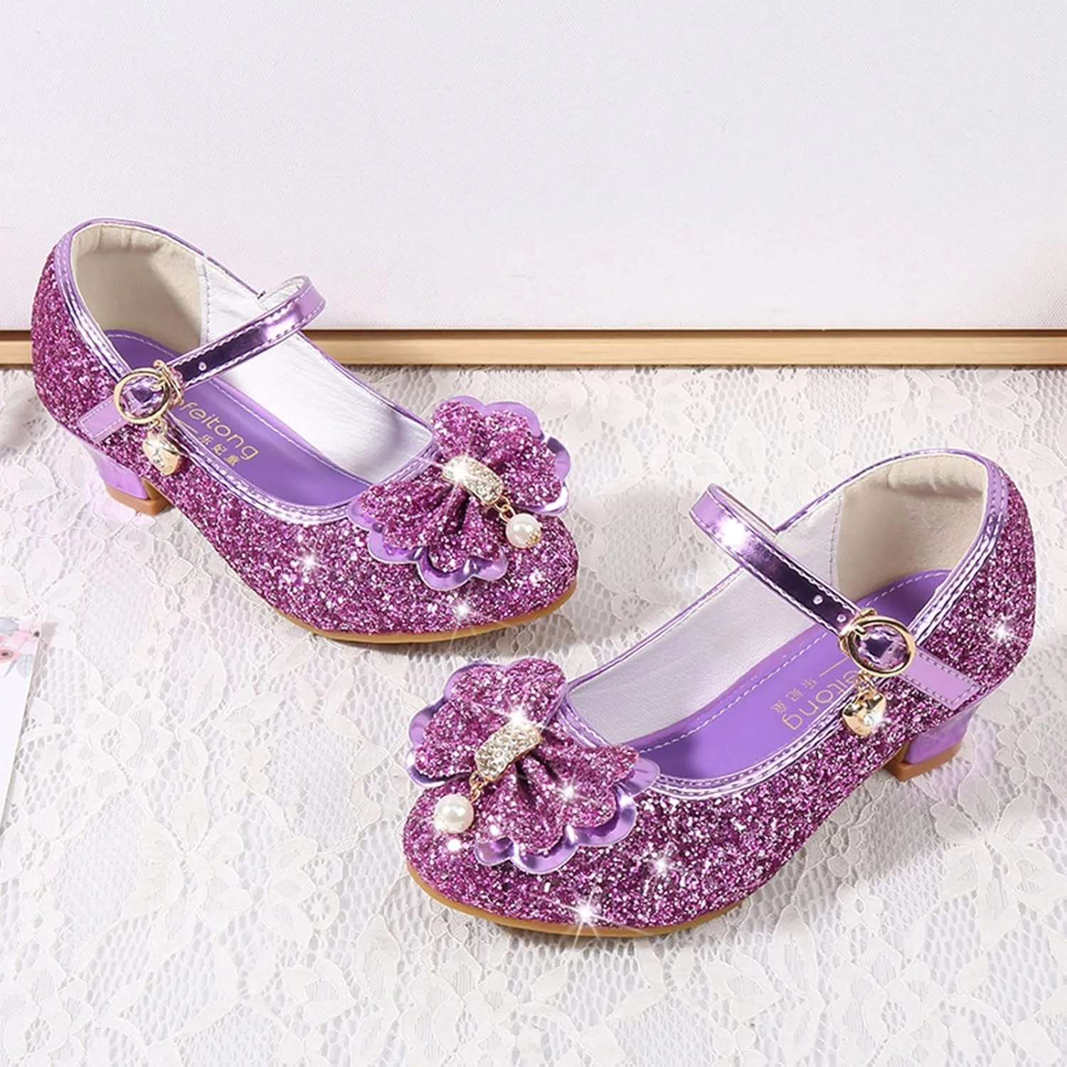 Little Girls Princess Glitter Bowknot Dress Shoes Kids Mary Jane Low Heels Par𝘁y Wedding Dazzling Elegant Shoes