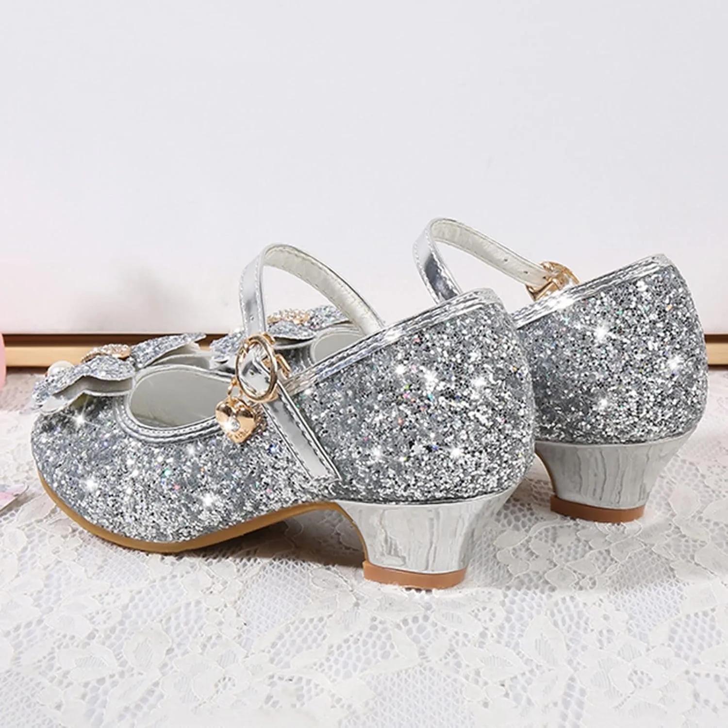 Little Girls Princess Glitter Bowknot Dress Shoes Kids Mary Jane Low Heels Par𝘁y Wedding Dazzling Elegant Shoes