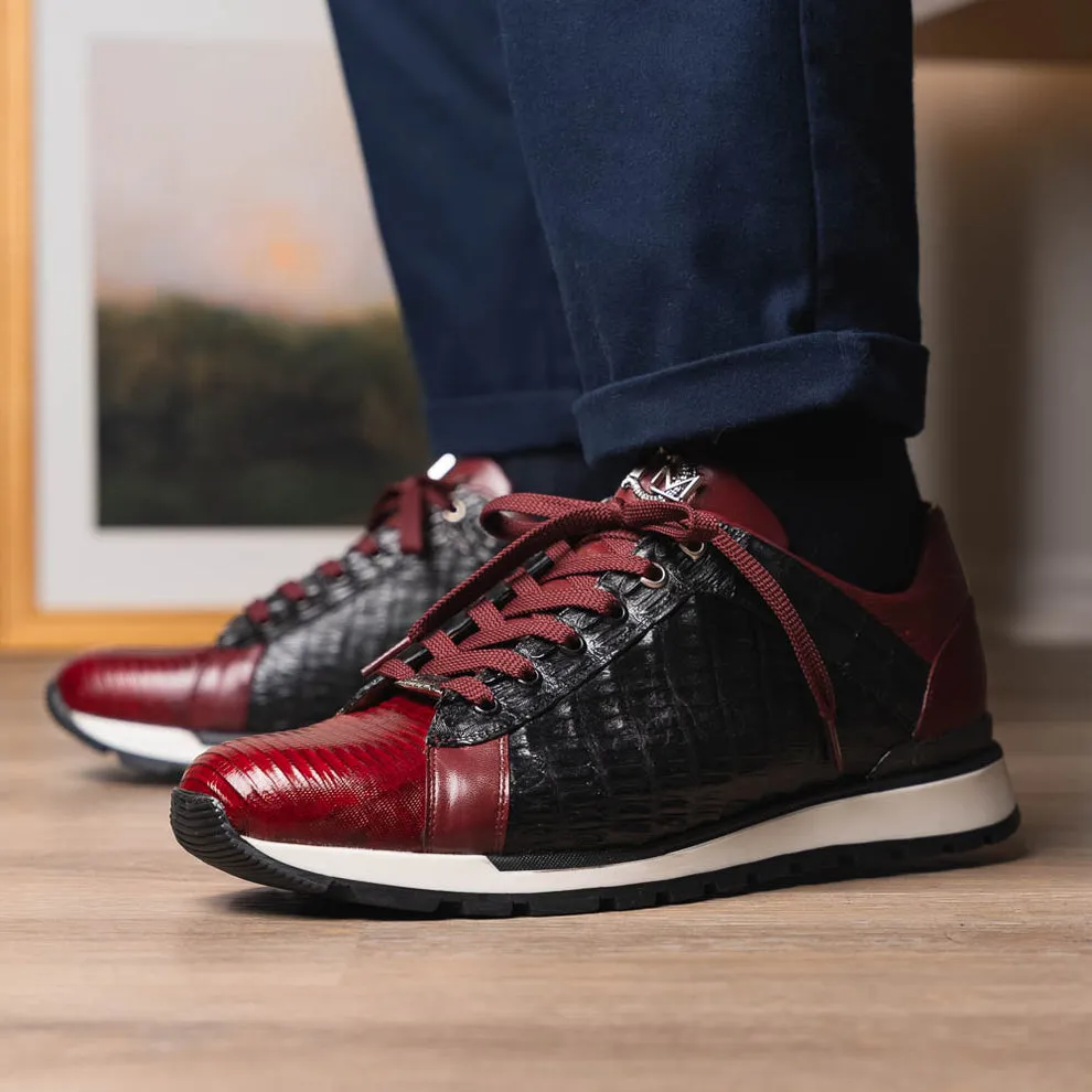 Marco Di Milano Portici Men's Shoes Wine & Black Exotic Lizard / Crocodile Casual Sneakers (MDM1016)