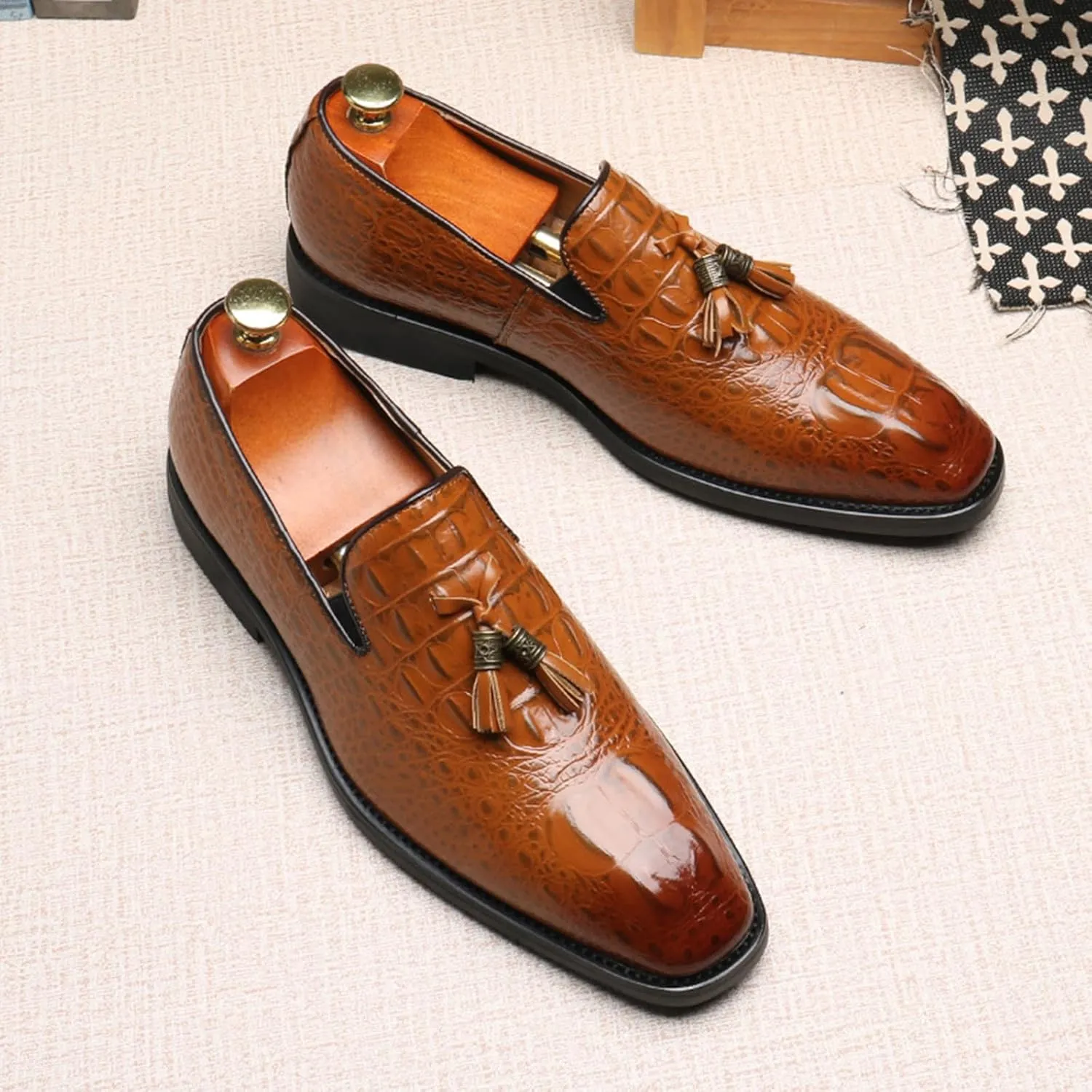 Mens PU Leather Shoes Casual Dress Loafers for Men Tassel Slip-On Shoes Elegant & Comfortable Formal Wear