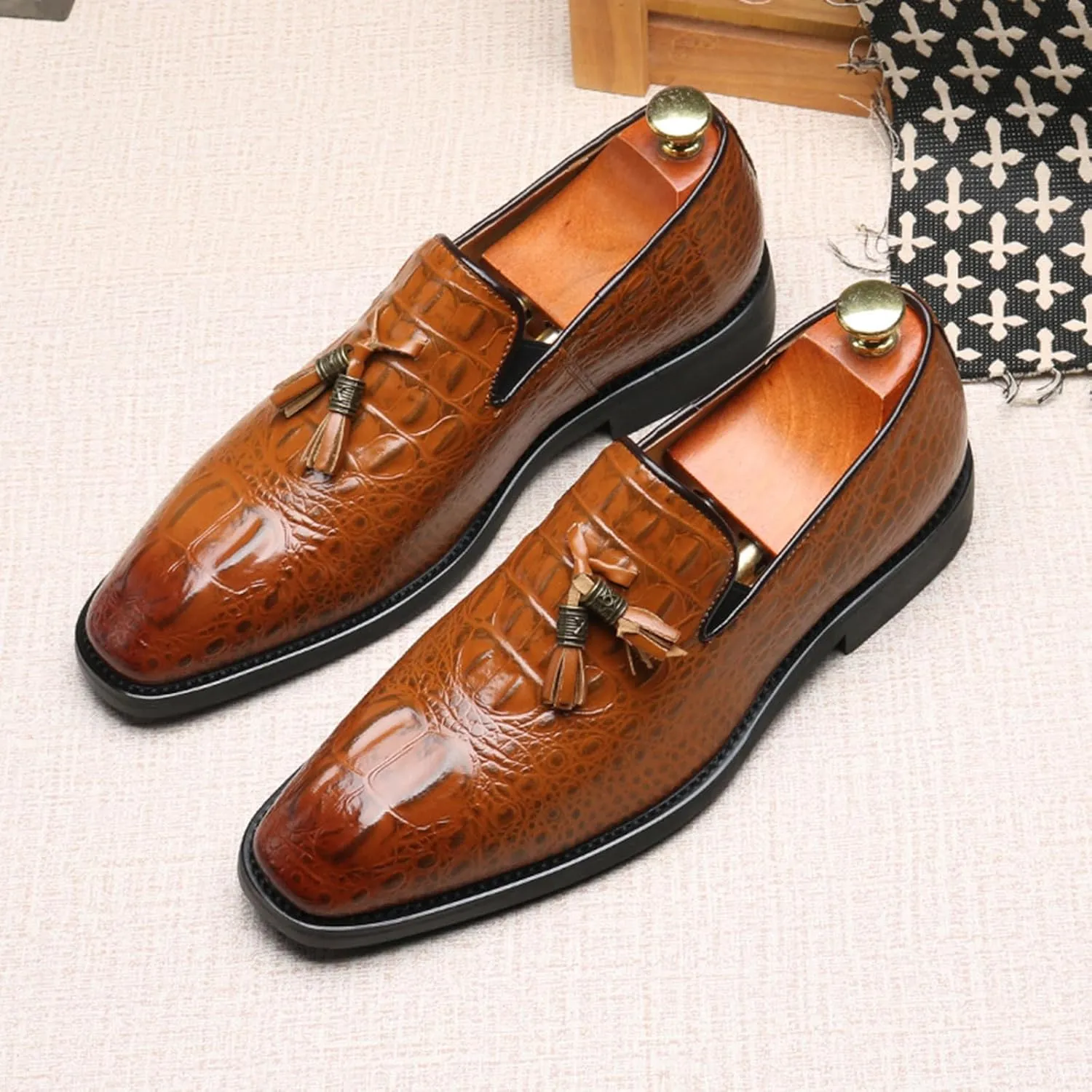 Mens PU Leather Shoes Casual Dress Loafers for Men Tassel Slip-On Shoes Elegant & Comfortable Formal Wear