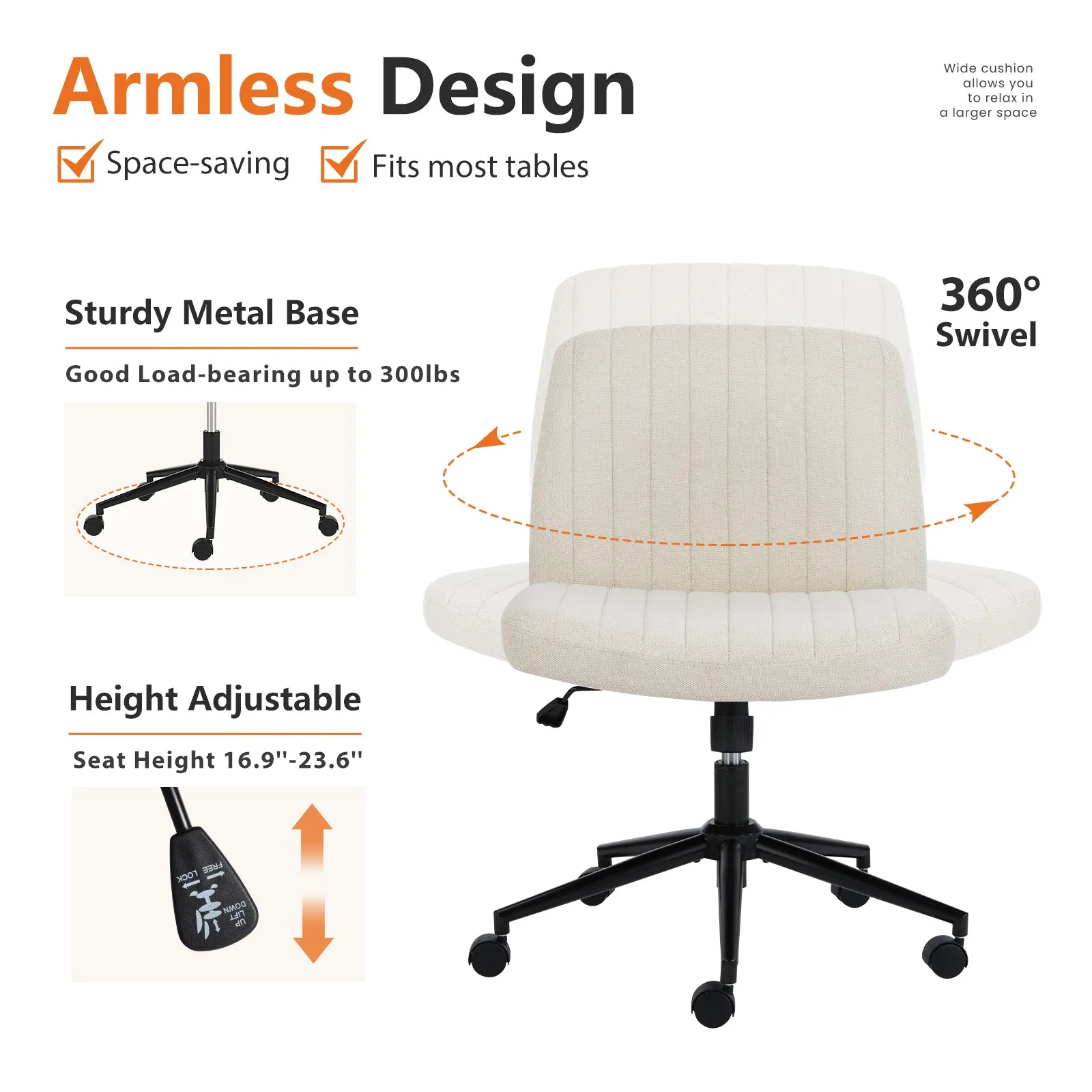 Office chair, backrest, armless office chair, adjustable swivel for comfortable home office, beige, fabric