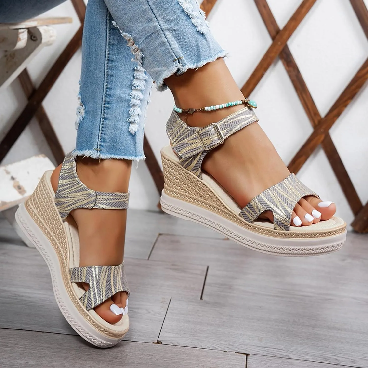 Strappy Wedges Platform Sandals for Women Open Toe Ankle Strap Adjustable Buckle Arch Fit Footwear Work Holiday Walking