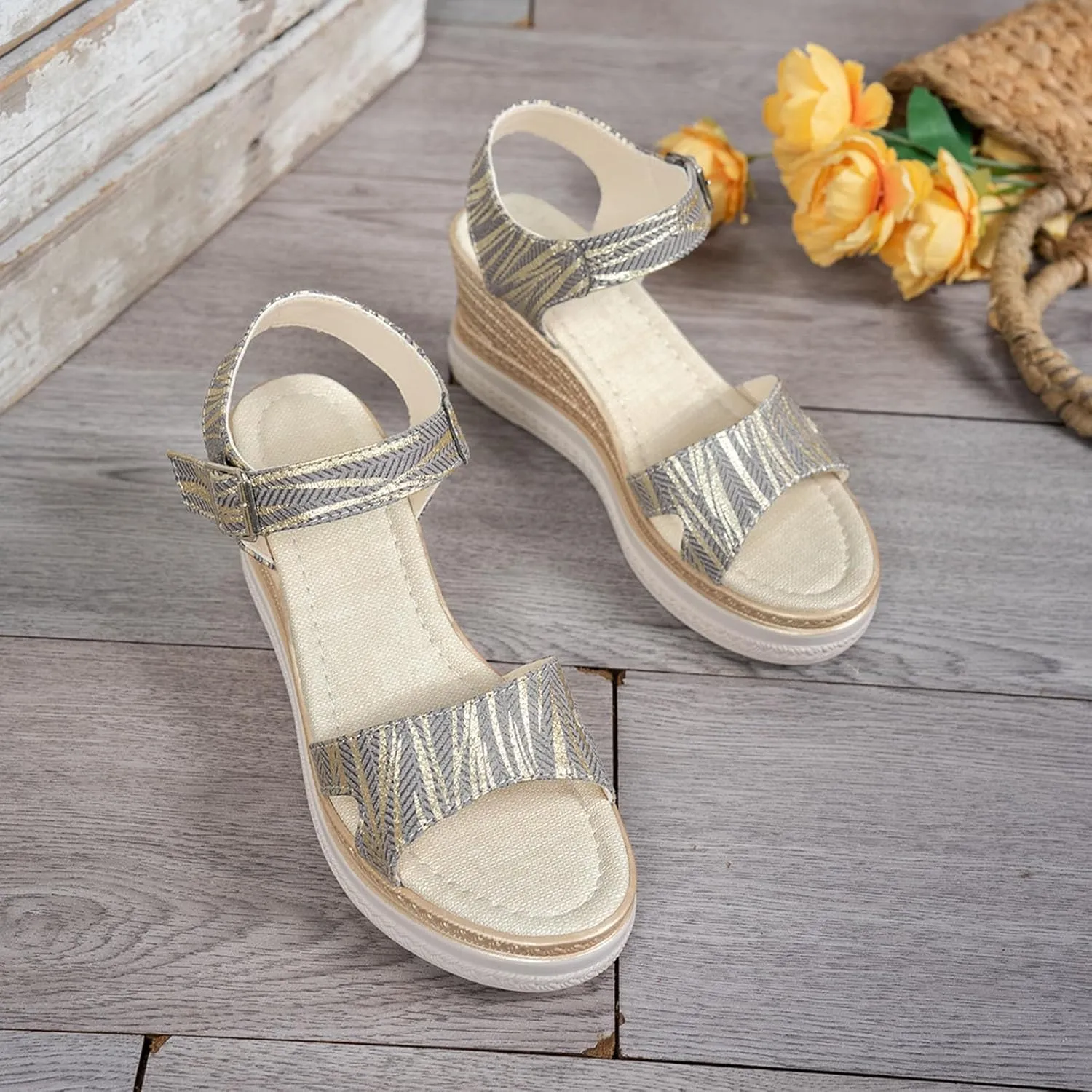 Strappy Wedges Platform Sandals for Women Open Toe Ankle Strap Adjustable Buckle Arch Fit Footwear Work Holiday Walking