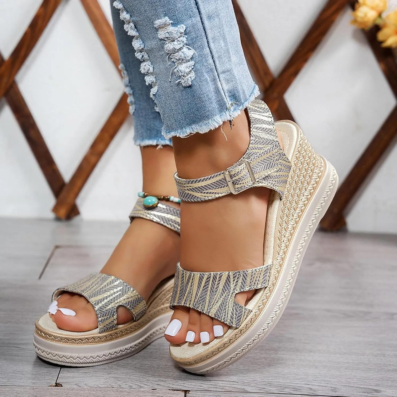Strappy Wedges Platform Sandals for Women Open Toe Ankle Strap Adjustable Buckle Arch Fit Footwear Work Holiday Walking