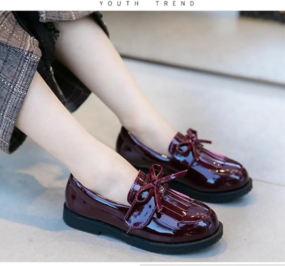 TangDao Toddler Little Kids Girls Slip On Round Toe Patent Leather Penny Loafers Flats School Uniform Kids Tassel Bowknot Boat Casual Princess Dress Shoes