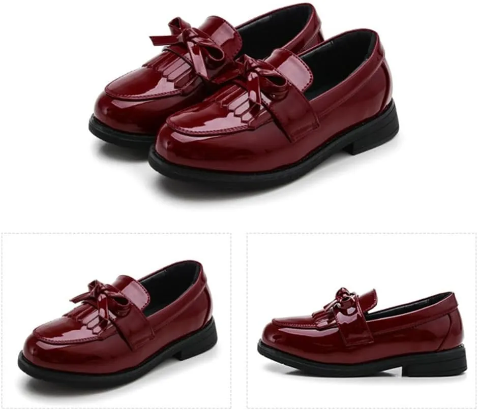 TangDao Toddler Little Kids Girls Slip On Round Toe Patent Leather Penny Loafers Flats School Uniform Kids Tassel Bowknot Boat Casual Princess Dress Shoes