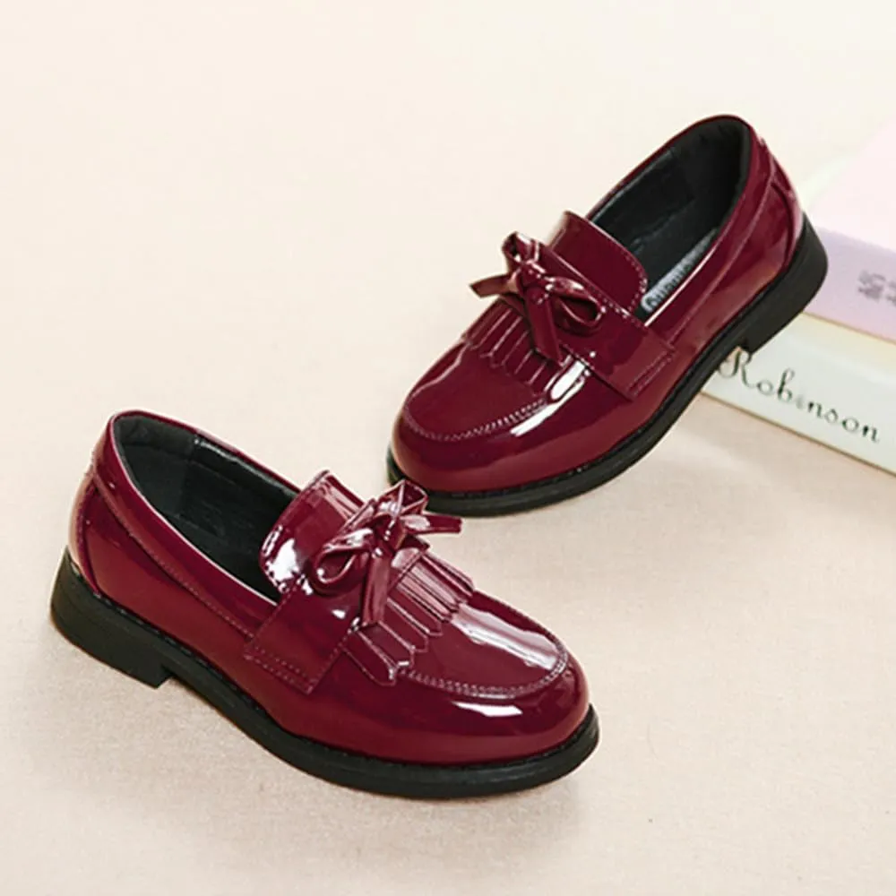TangDao Toddler Little Kids Girls Slip On Round Toe Patent Leather Penny Loafers Flats School Uniform Kids Tassel Bowknot Boat Casual Princess Dress Shoes