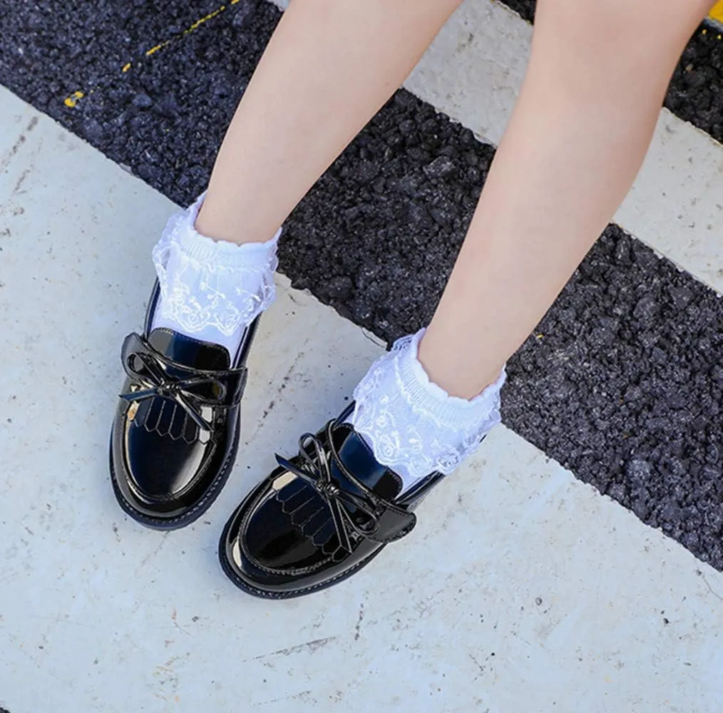 TangDao Toddler Little Kids Girls Slip On Round Toe Patent Leather Penny Loafers Flats School Uniform Kids Tassel Bowknot Boat Casual Princess Dress Shoes