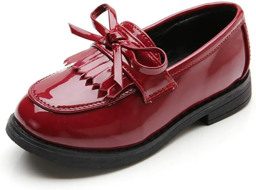 TangDao Toddler Little Kids Girls Slip On Round Toe Patent Leather Penny Loafers Flats School Uniform Kids Tassel Bowknot Boat Casual Princess Dress Shoes