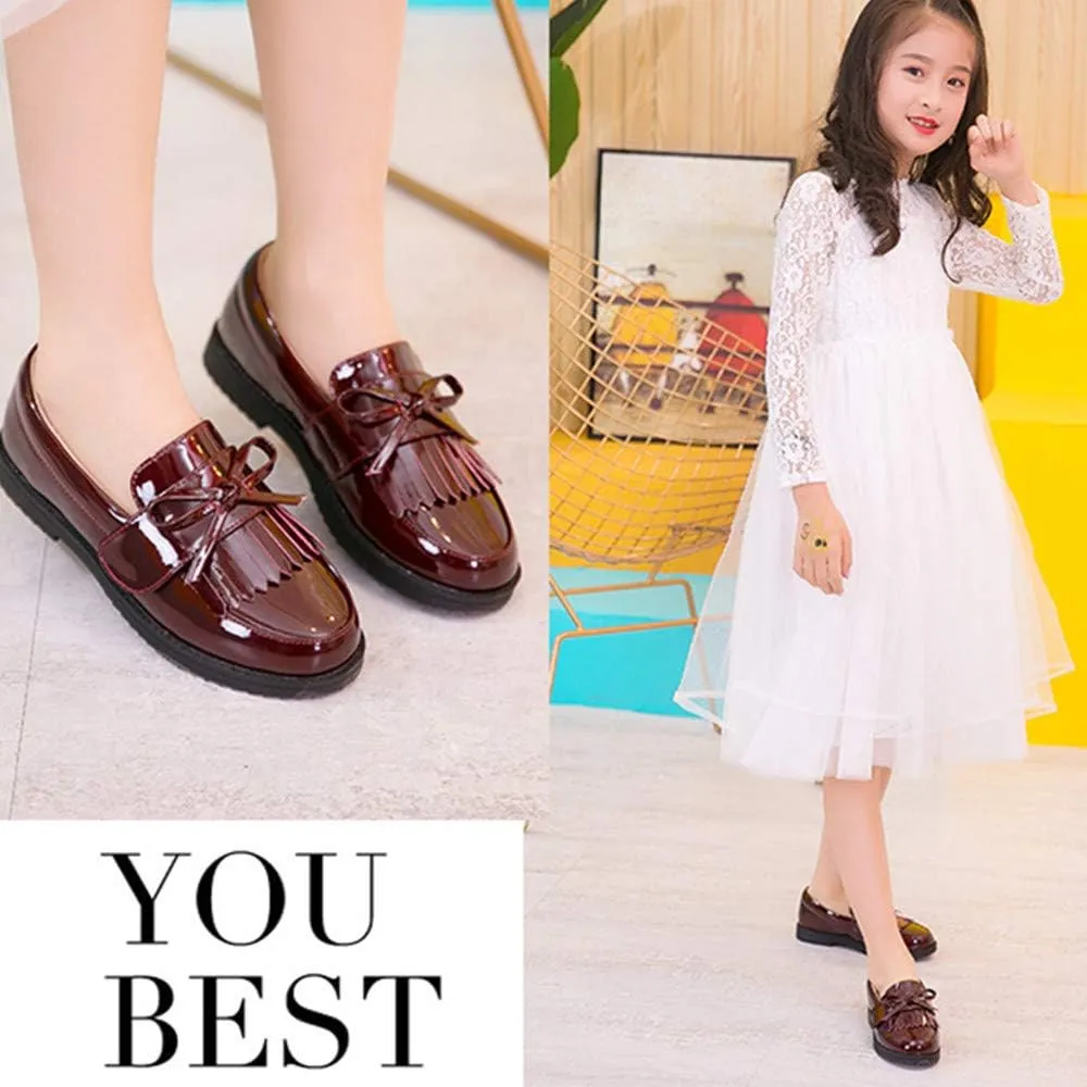 TangDao Toddler Little Kids Girls Slip On Round Toe Patent Leather Penny Loafers Flats School Uniform Kids Tassel Bowknot Boat Casual Princess Dress Shoes