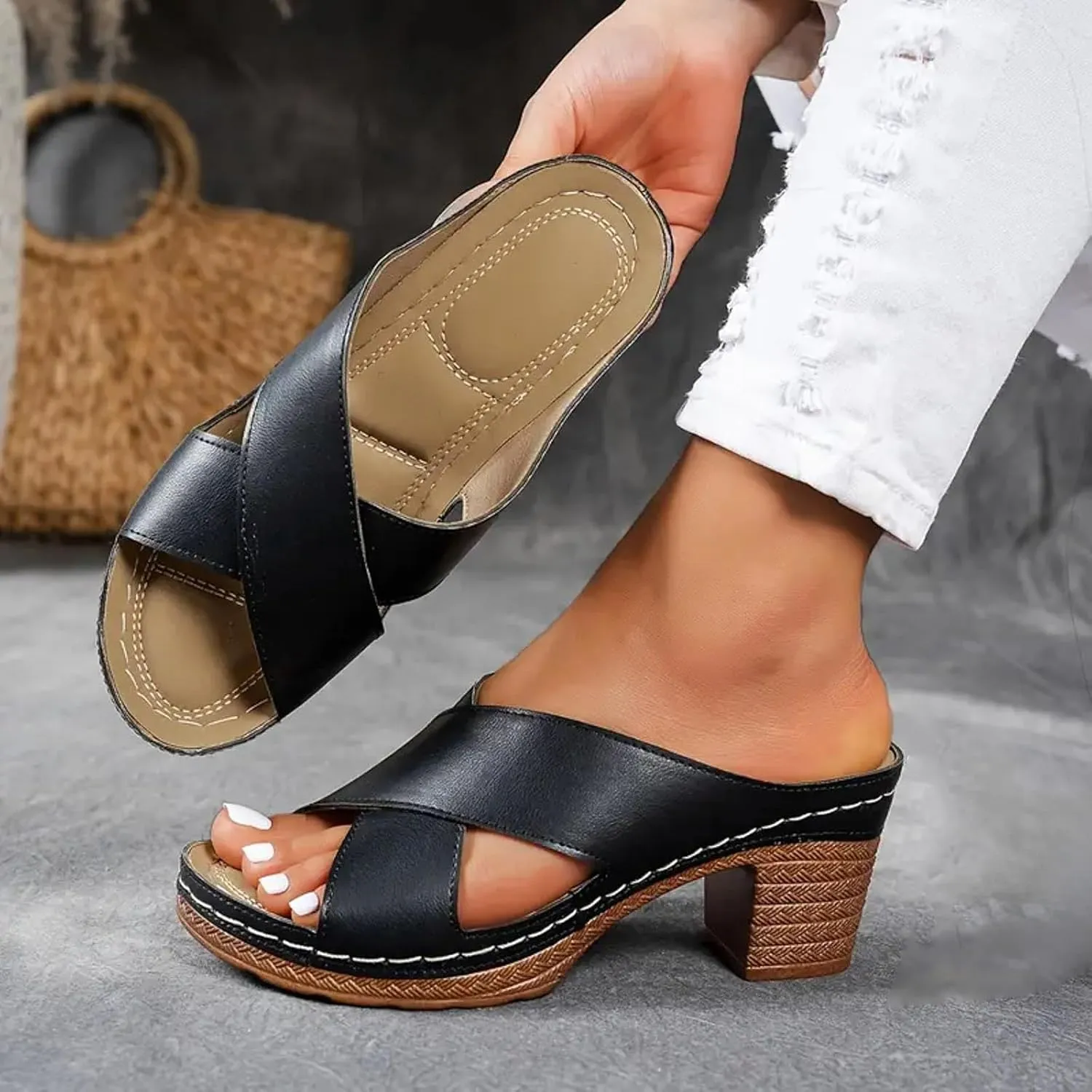 Women's Platform Heeled Sandal Crisscross Band Fashion Chunky Block Mid Heels for Women Comfortable Slip on Heeled Sandals Leather Slides Dressy Summer Mules Dress Shoes