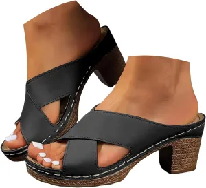 Women's Platform Heeled Sandal Crisscross Band Fashion Chunky Block Mid Heels for Women Comfortable Slip on Heeled Sandals Leather Slides Dressy Summer Mules Dress Shoes