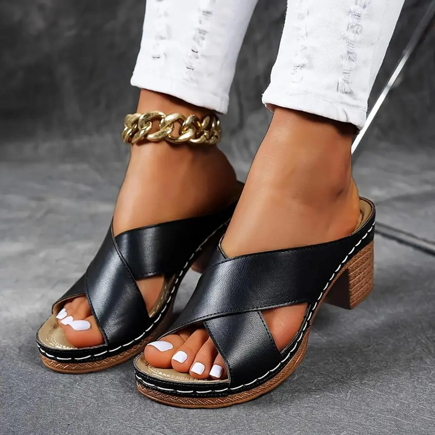 Women's Platform Heeled Sandal Crisscross Band Fashion Chunky Block Mid Heels for Women Comfortable Slip on Heeled Sandals Leather Slides Dressy Summer Mules Dress Shoes