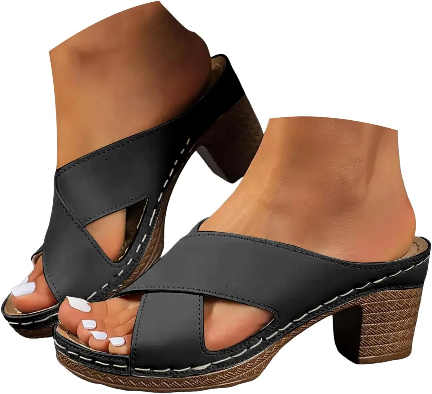 Women's Platform Heeled Sandal Crisscross Band Fashion Chunky Block Mid Heels for Women Comfortable Slip on Heeled Sandals Leather Slides Dressy Summer Mules Dress Shoes