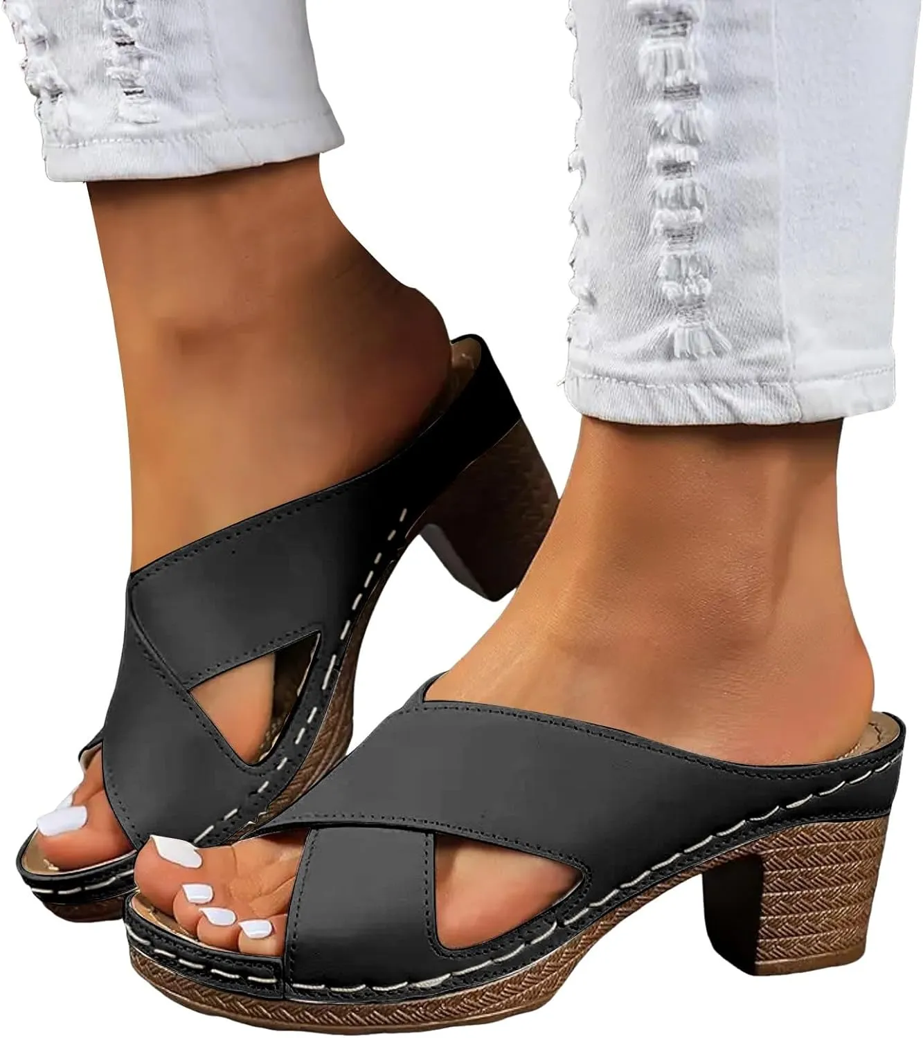 Women's Platform Heeled Sandal Crisscross Band Fashion Chunky Block Mid Heels for Women Comfortable Slip on Heeled Sandals Leather Slides Dressy Summer Mules Dress Shoes