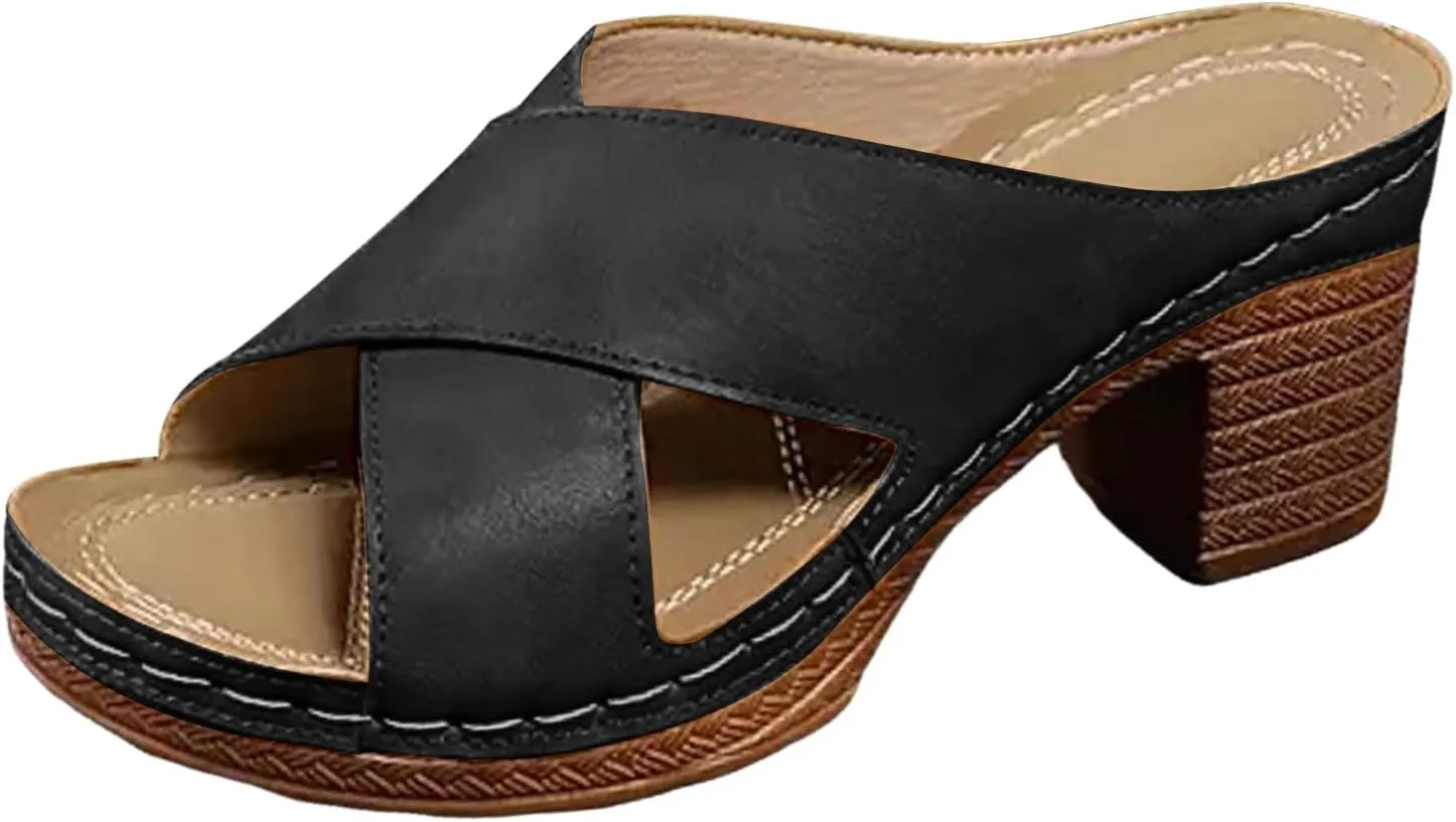 Women's Platform Heeled Sandal Crisscross Band Fashion Chunky Block Mid Heels for Women Comfortable Slip on Heeled Sandals Leather Slides Dressy Summer Mules Dress Shoes