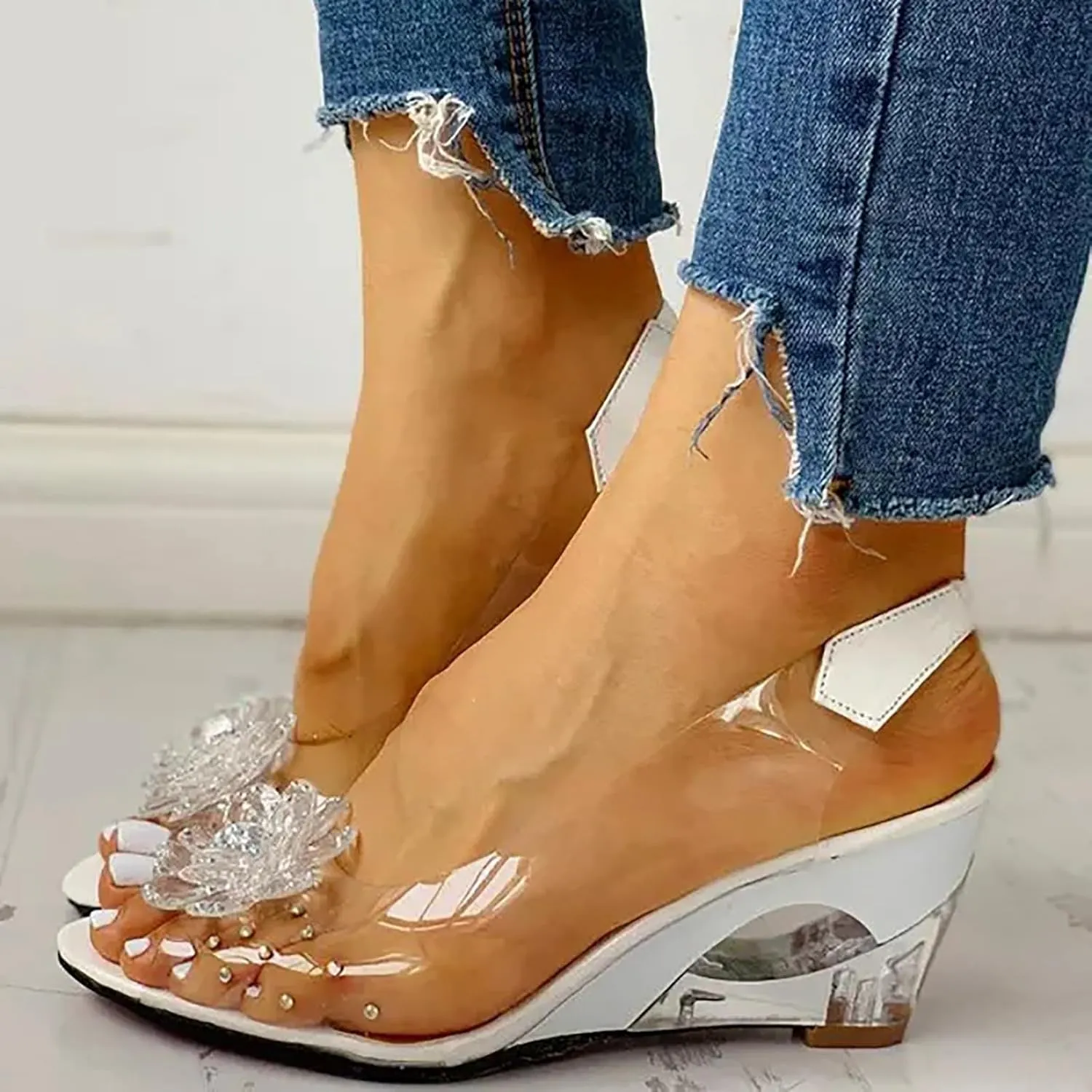 ZSpzx Summer Sandals For Women 2025,Rhinestone Transparent Platform Wedges Sandal Slip On Fish Mouth Flowers Slippers High Sexy Block Heels Dress Elastic Slides Shoes for Daily Wear