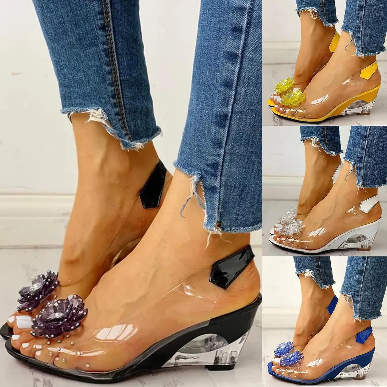 ZSpzx Summer Sandals For Women 2025,Rhinestone Transparent Platform Wedges Sandal Slip On Fish Mouth Flowers Slippers High Sexy Block Heels Dress Elastic Slides Shoes for Daily Wear